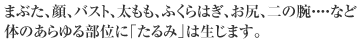 まぶた、顔、バスト、太もも、ふくらはぎ、お尻、二の腕・・・・など体のあらゆる部位に「たるみ」は生じます。